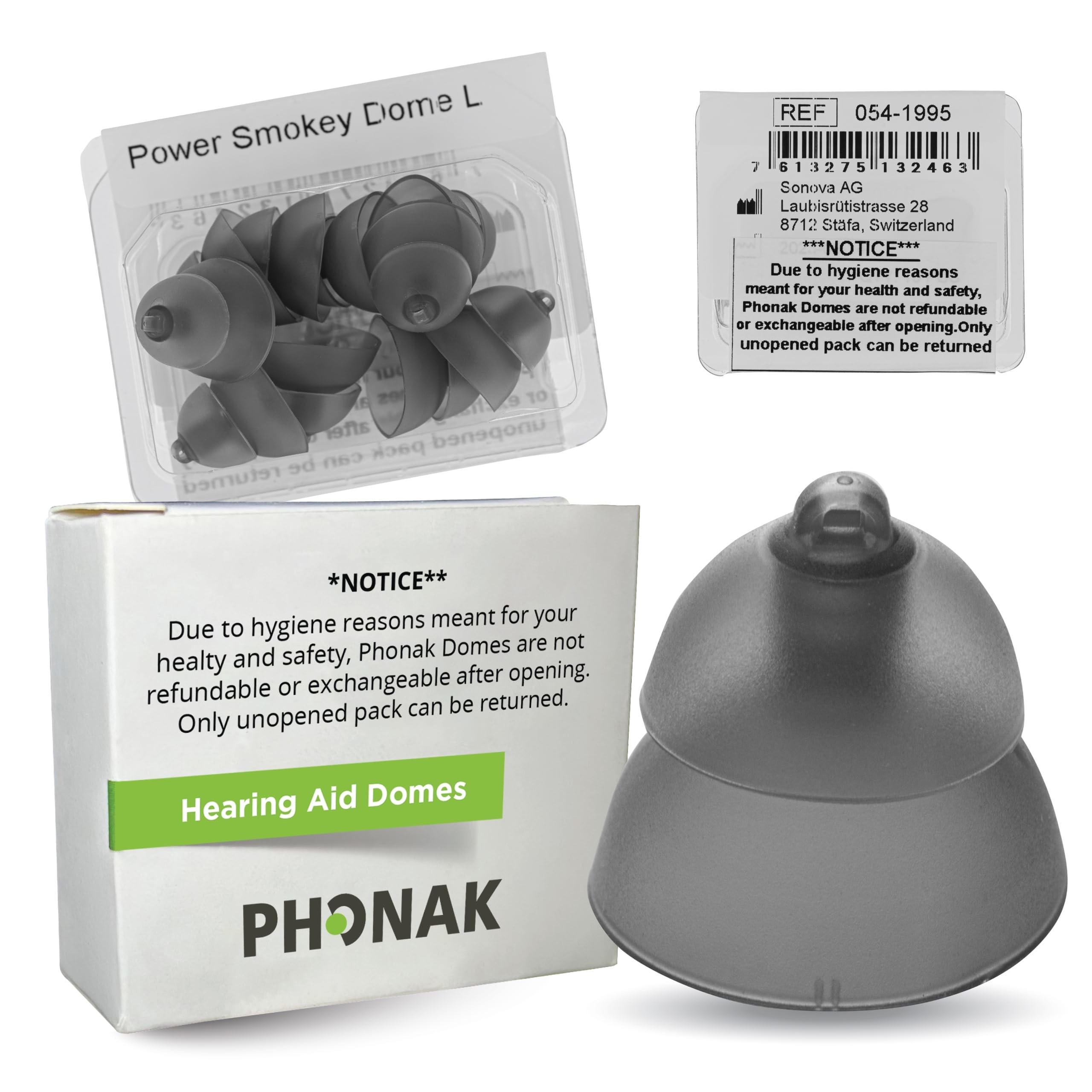 Phonak Power Smokey Dome Large (0.51 inch=13mm) 10 Domes, Genuine OEM Switzerland Replacement by Sonova, Hearing Aid Domes for Power 2 Pin Receiver Accessories -1 Pack/10 Domes Total