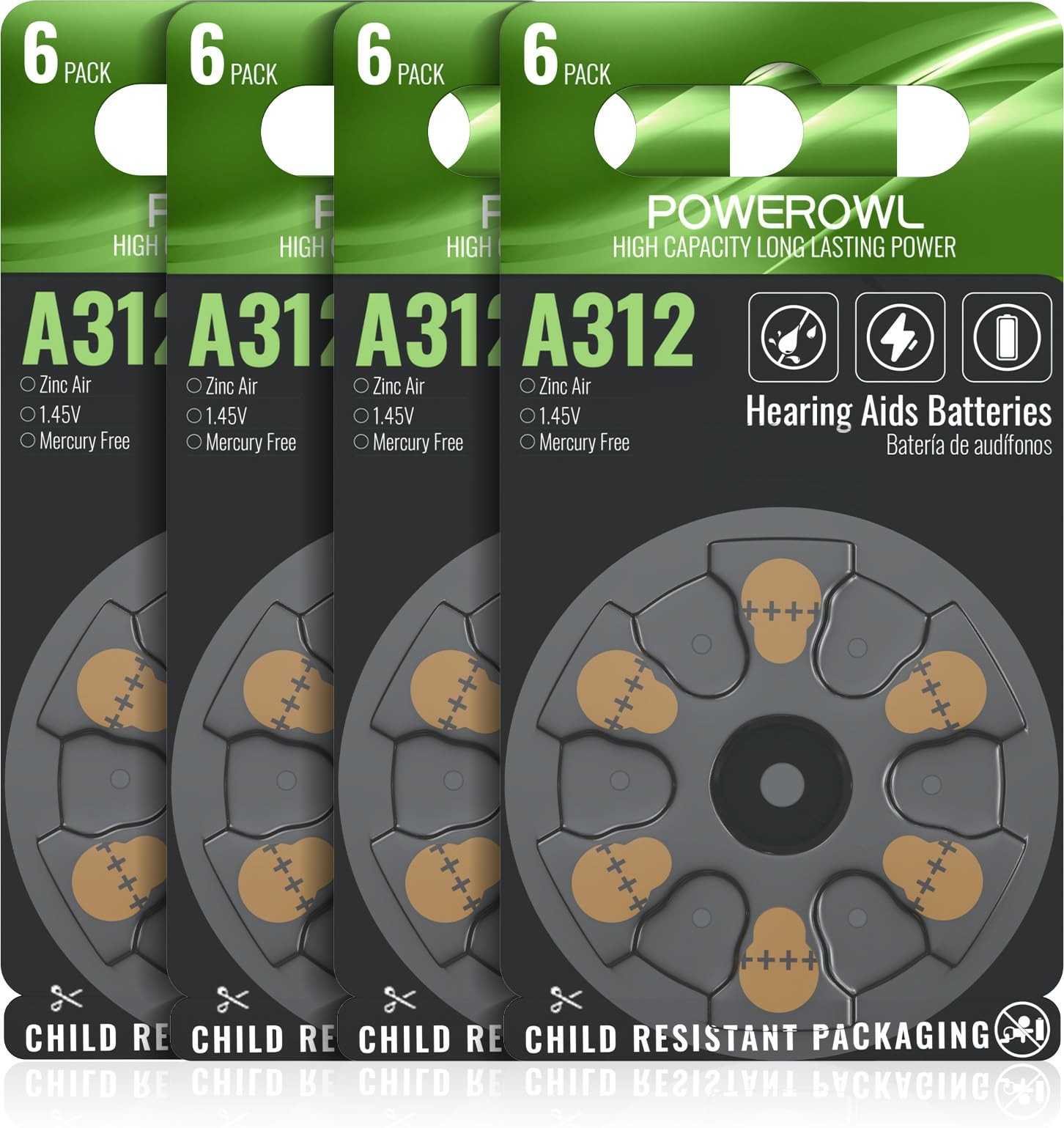 POWEROWL 24 Count Hearing Aid Batteries Size 312, High Capacity Cell, Long Lasting 312A battery