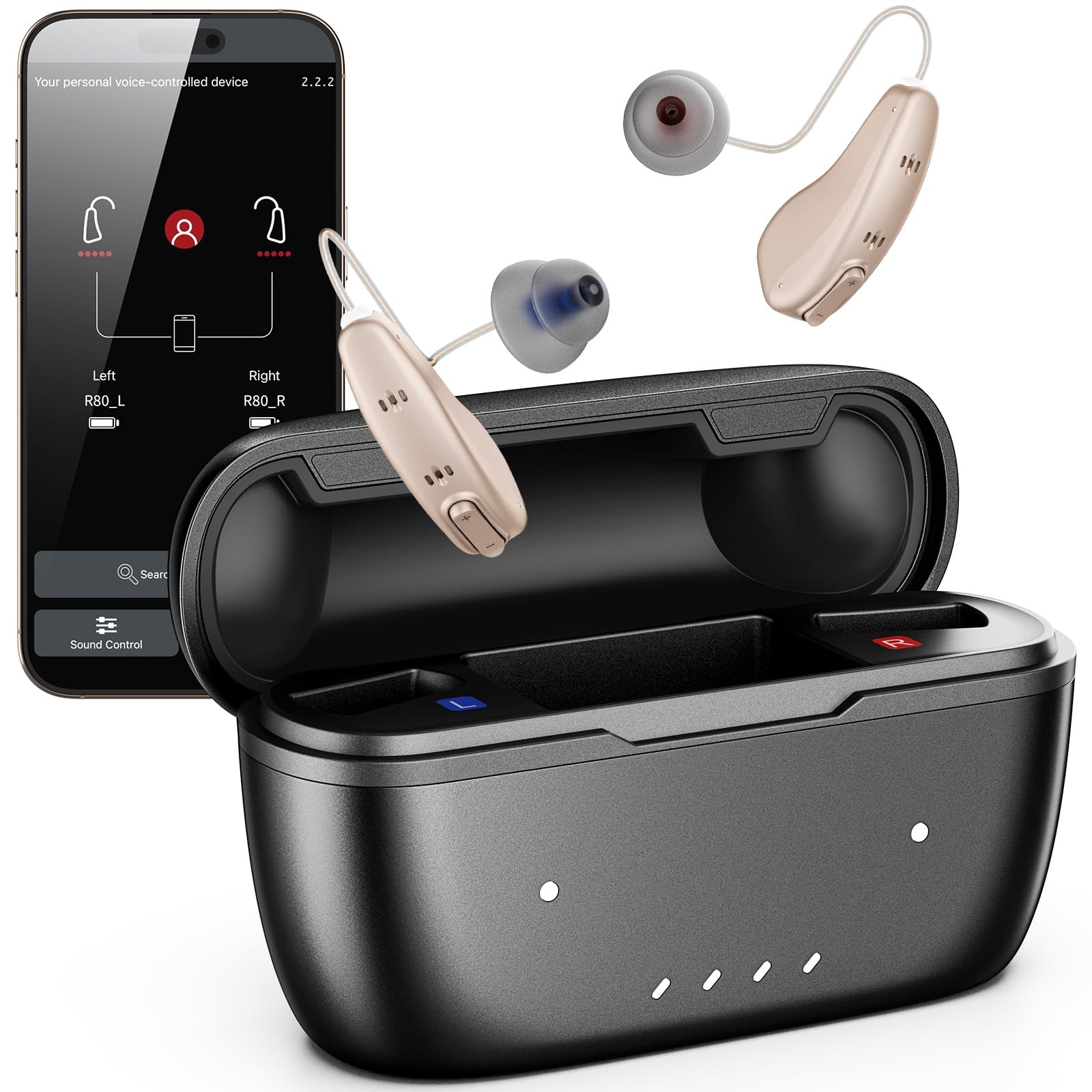 Rechargeable Bluetooth Hearing Aids for Seniors Adults OTC Hearing Aids for Elders Behind Ear Hearing Aids for iPhone Android with APP AI Noise Cancelling 96H Battery with Charging Case
