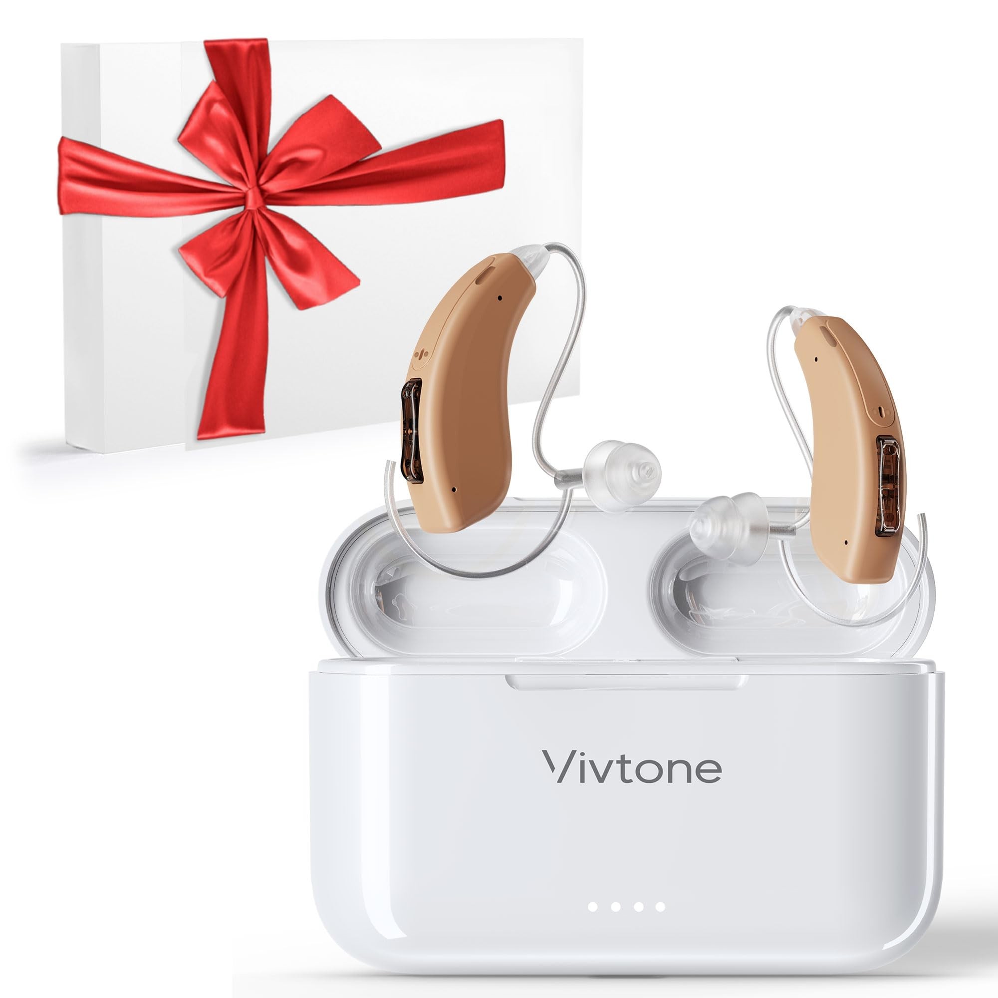 Vivtone Rechargeable Hearing Aids for Seniors Adults, Advanced Multi Channel Digital BTE Hearing Assist, with Recycle Charging Case for 125 Hrs Backup Power, Auto-On/Off, Pair, Lucid508-beige