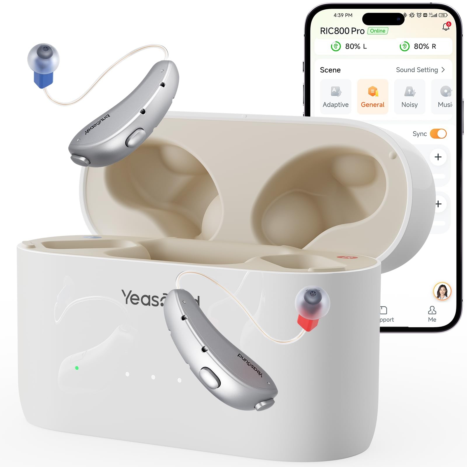 Yeasound OTC Hearing Aids, RIC800 Bluetooth Call iOS and Android Enabled, Wireless Rechargeable, AI Noise Reduction & App Control, Tinnitus Relief, Prescription-Grade Sound, Nearly Invisible (Silver)